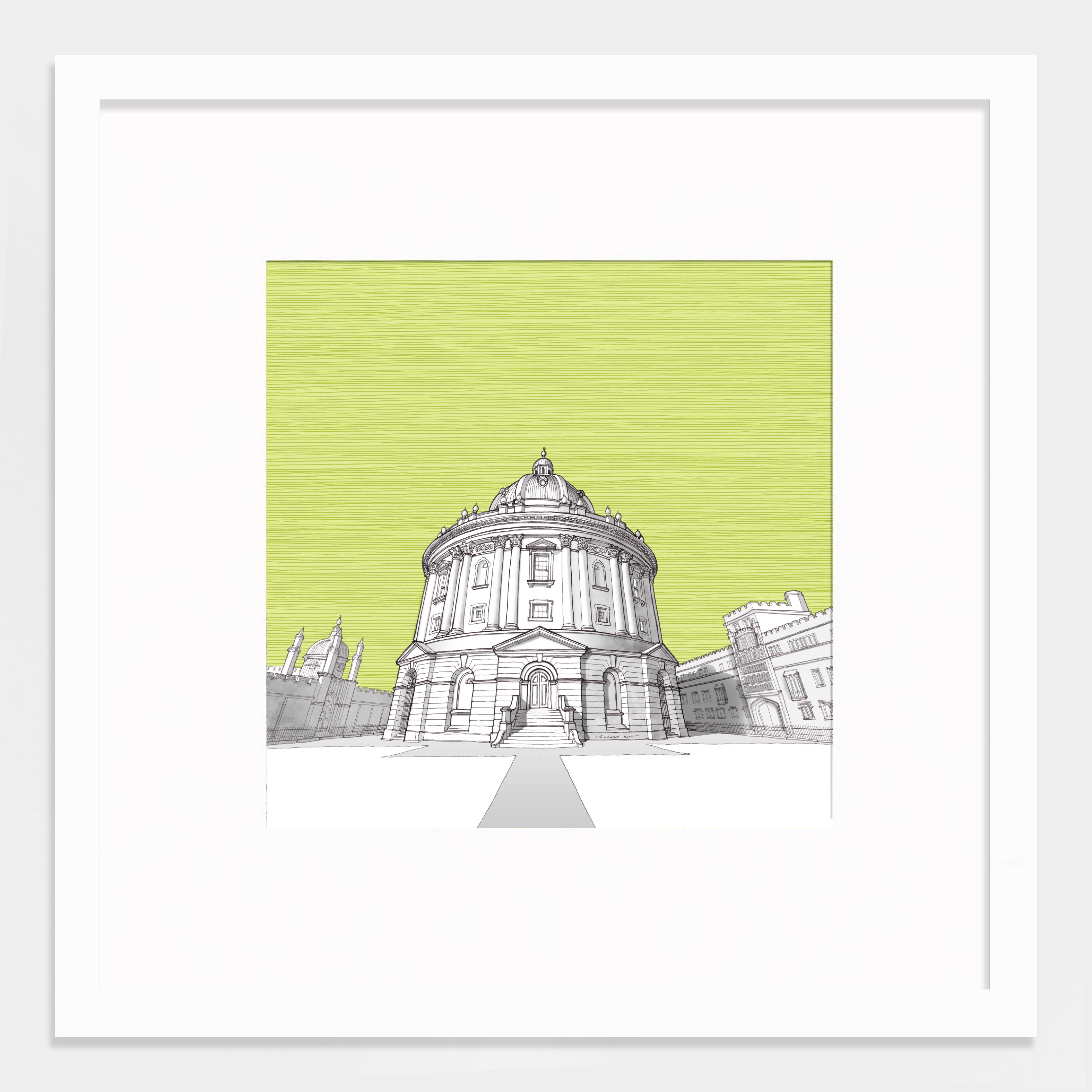 Oxford, Radcliffe Camera, Ink and watercolor drawing by Catherine Jeff in Sterling Silver store frame